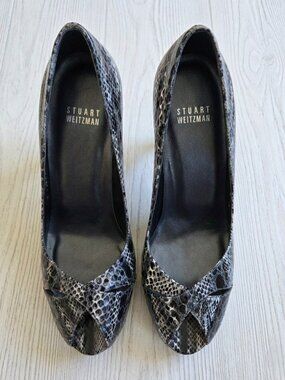 STUART WEITZMAN SASHAY SNAKESKIN PEEP TOE PUMPS